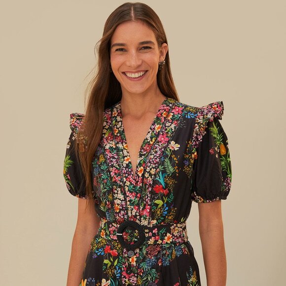 Farm Rio Black Delicate Forest Scarves Organic Cotton Romper w/ Pockets - Picture 1 of 17